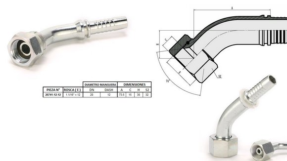 Imagen de HEMBRA CURVA 45° JIC 1.1/16'' UN X 12F 12 MANG.3/4''
